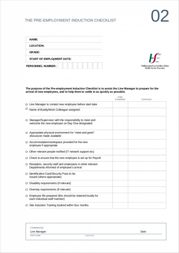 pre employment induction checklist