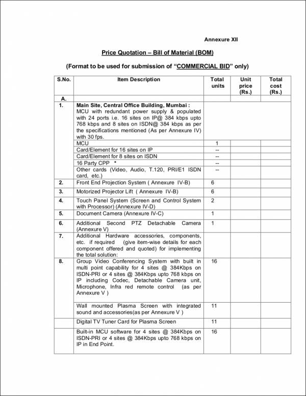 price quotation sample for bill of material