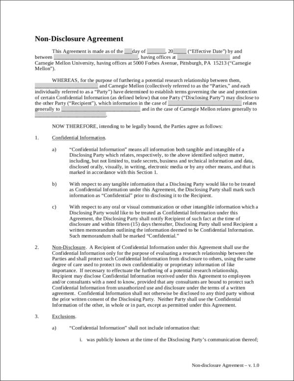 printable non disclosure agreement template