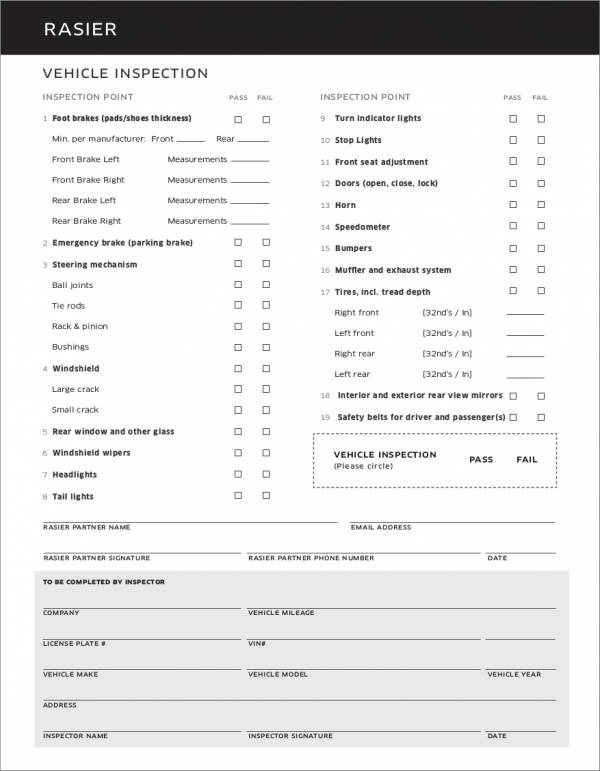 printable vehicle inspection checklist template