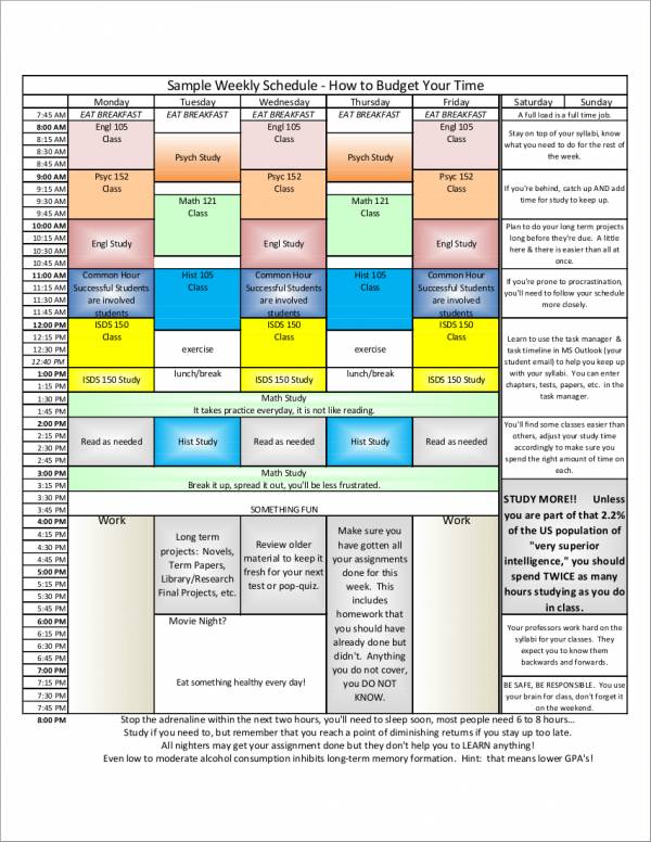 printable weekly study schedule sample