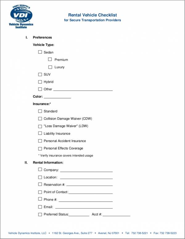 rental vehicle checklist template for security transportation providers