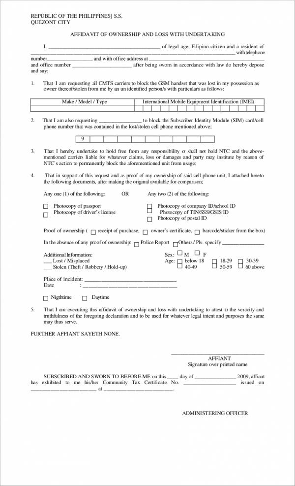 sample affidavit of ownership and loss with undertaking
