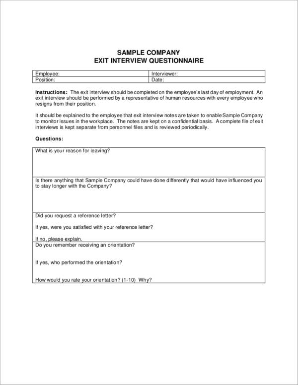 sample company exit interview form