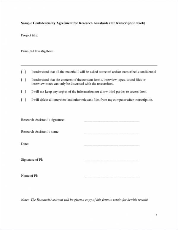 sample confidentiality agreement for research assistants