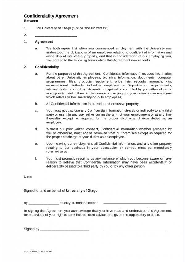 sample confidentiality agreement for univeristy