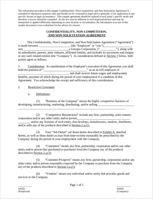 sample confidentiality non competitionand non solicitation agreement