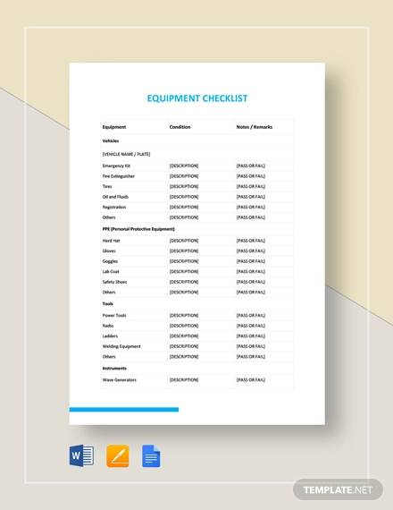 sample equipment checklist