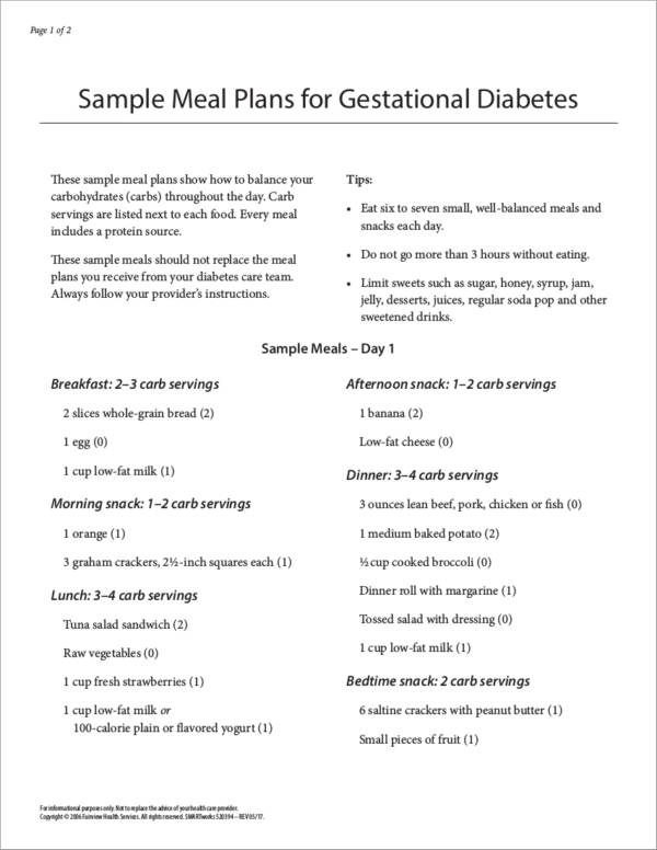 sample meal plans for gestational diabetes