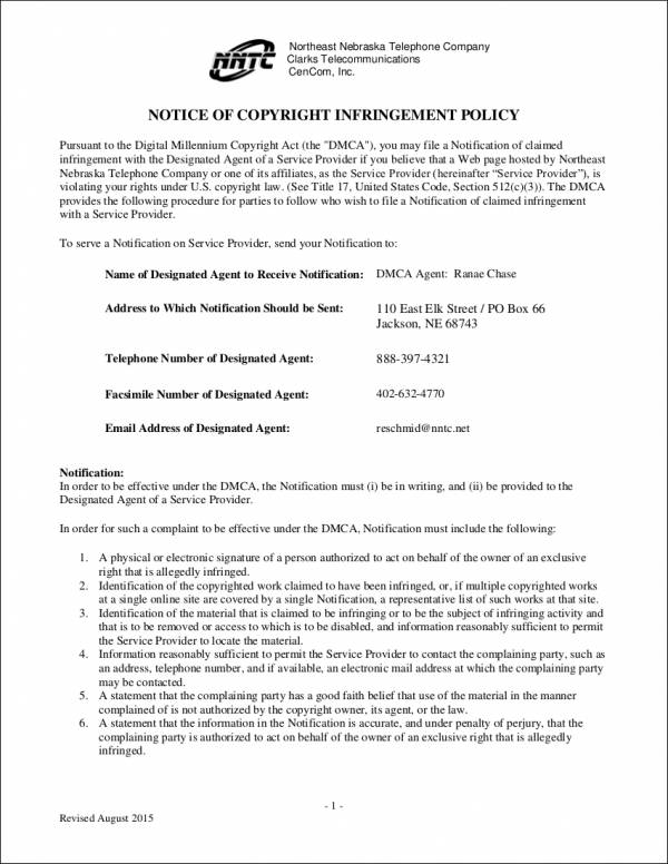 sample notice of copyright infringement policy