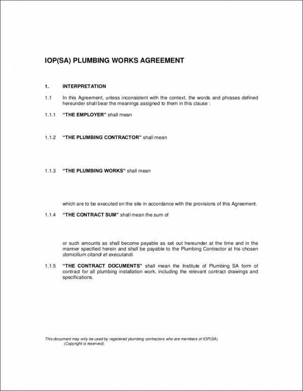 sample plumbing works agreement contract