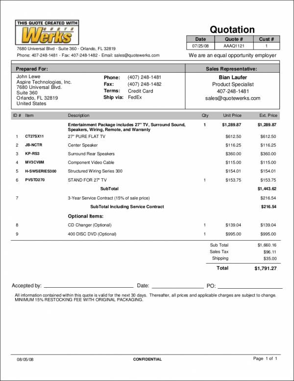 sample price quotation for appliances