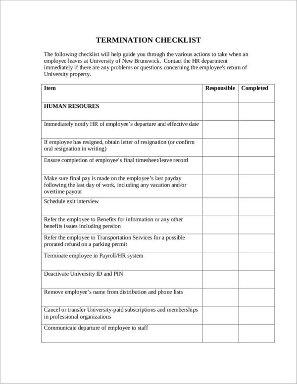 sample university termination checklist