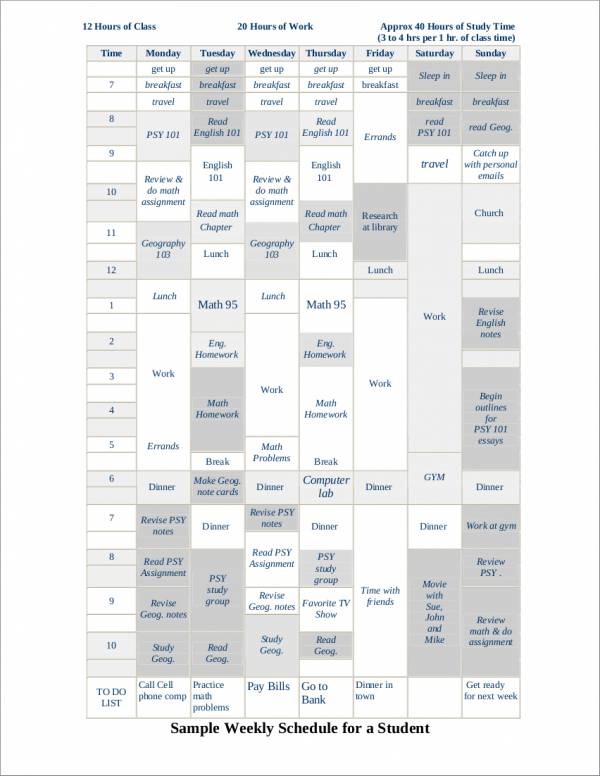 sample weekly study schedule for a students