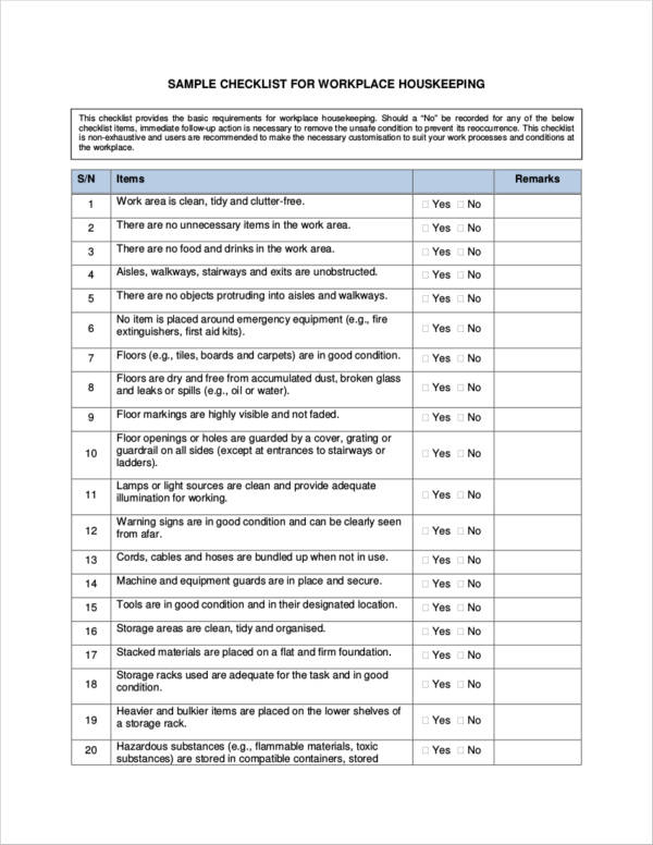 sample workplace housekeeping checklist