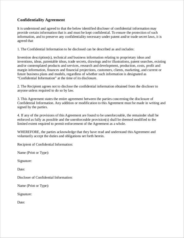 simple confidentiality agreement sample