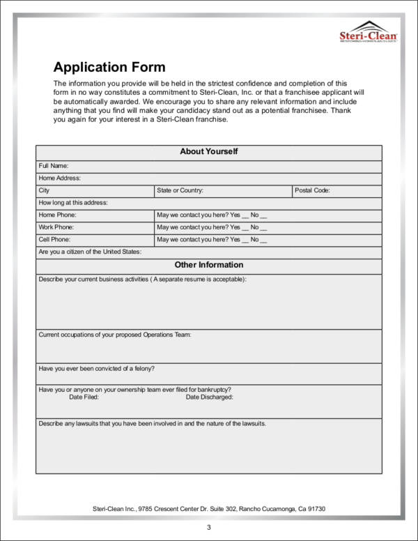 stericlean franchise application form template