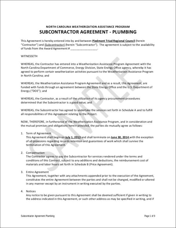 subcontractor plumbing agreement contract sample