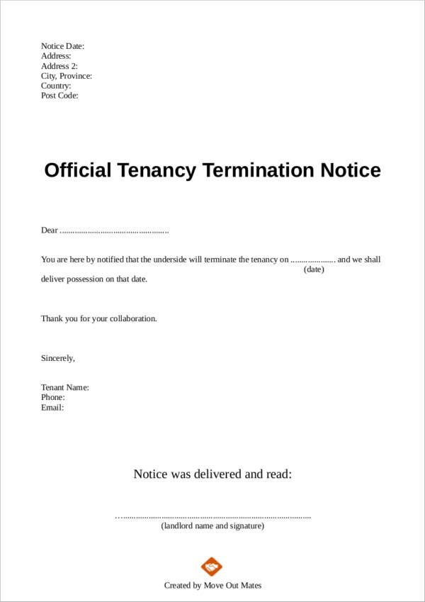 tenant to lanlord tenancy termination letter