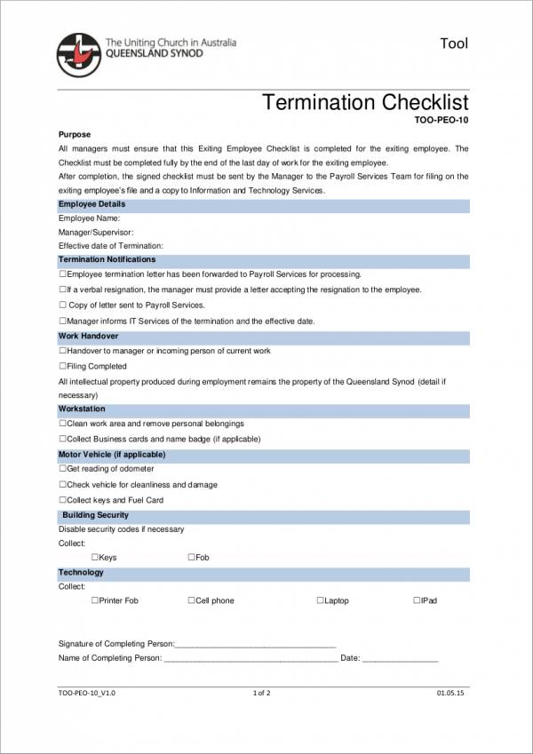 termination checklist sample for managers use