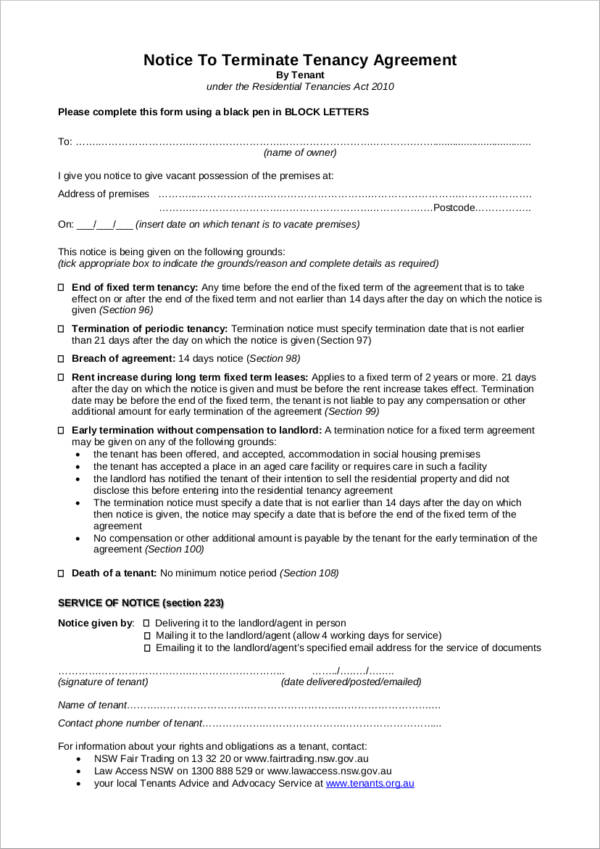 termination letter to terminate tenancy agreement