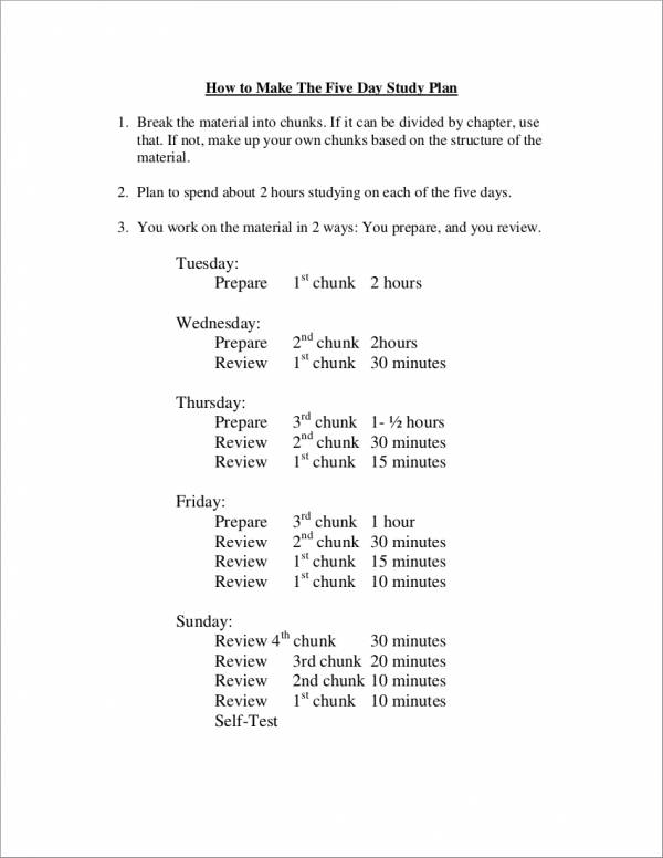 the five day study schedule sample