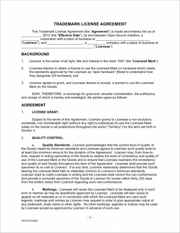 trademark license agreement sample in word