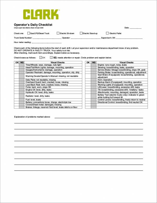 vehicle operators daily checklist template