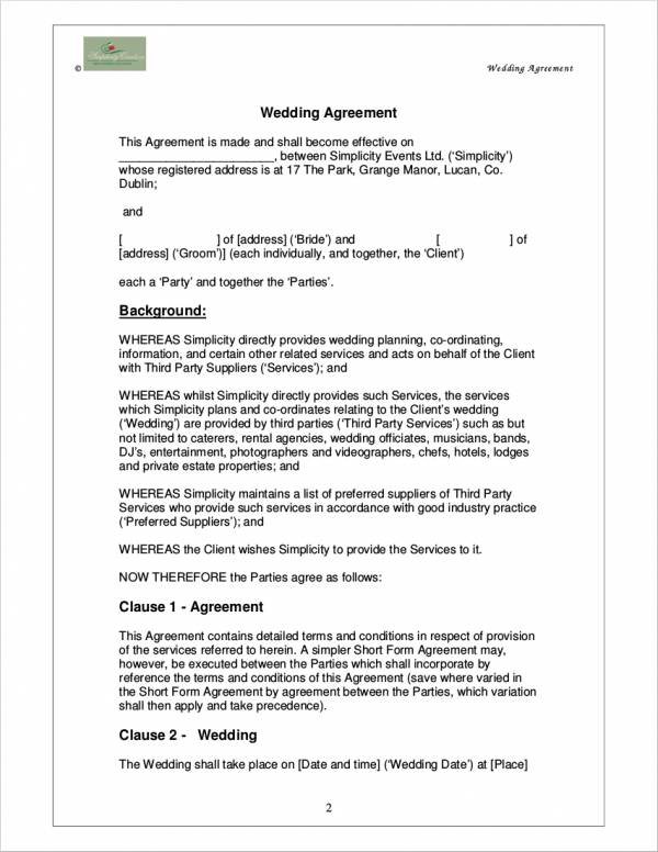 wedding planner contract agreement