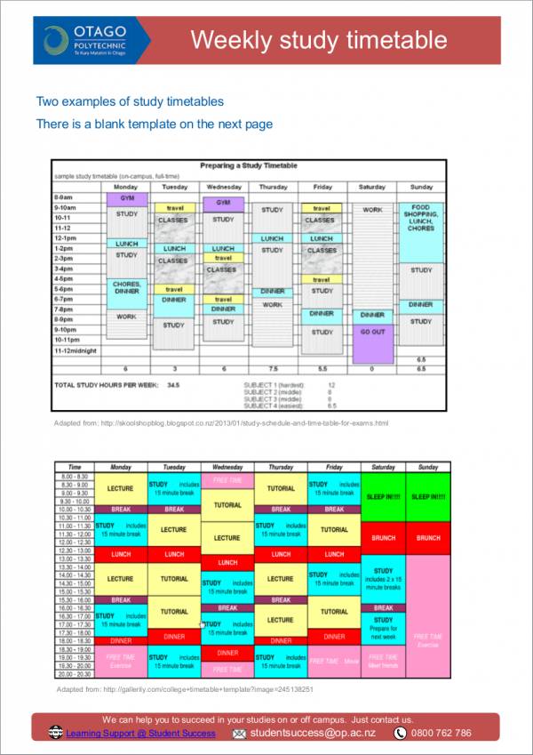 weekly study schedule template with examples
