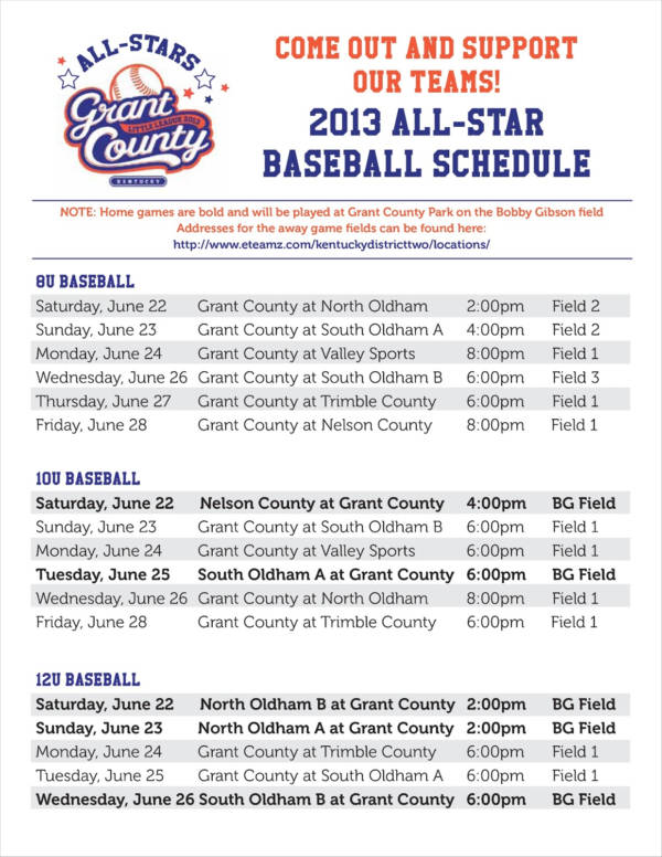 all stars baseball game schedule sample