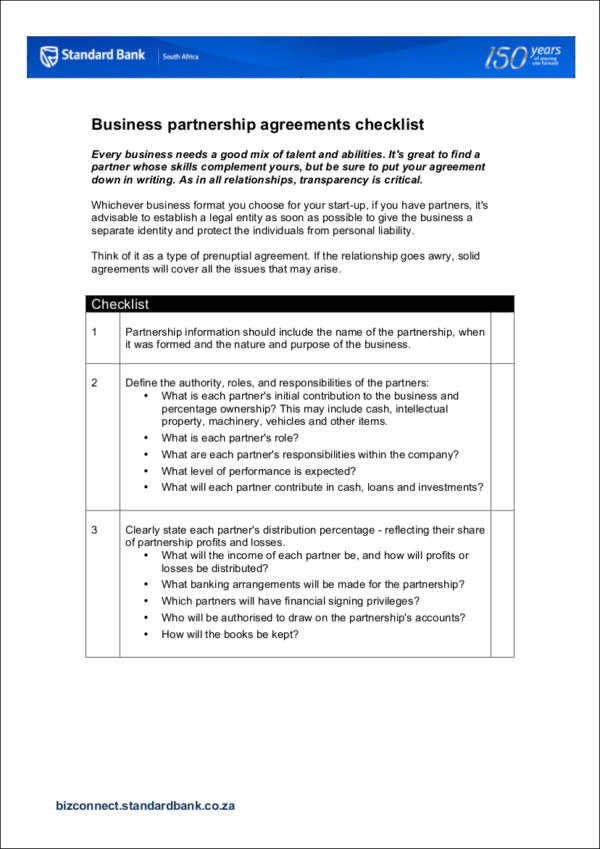 business partnership agreement checklist template