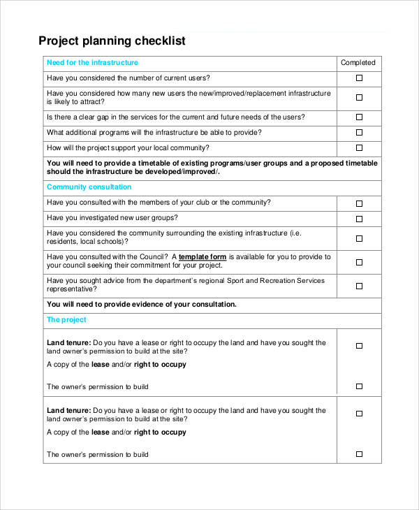 checklist sample for project planning