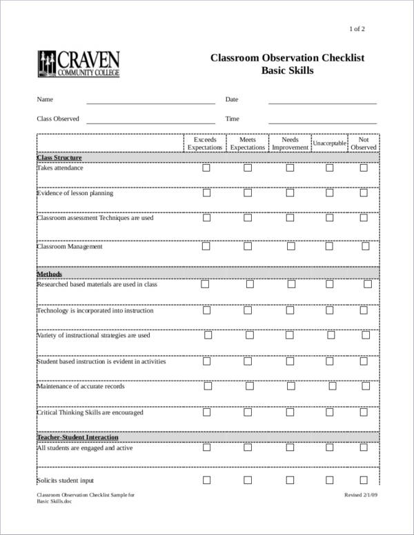 Elementary Classroom Observation Checklist