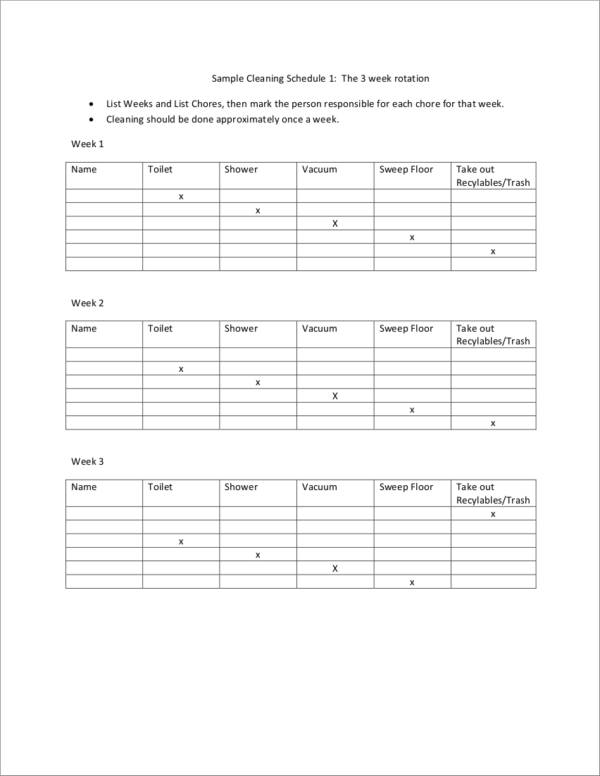cleaning chore schedule sample in 3 weeks rotation