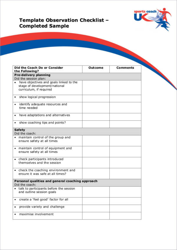 completed sample observation checklist template