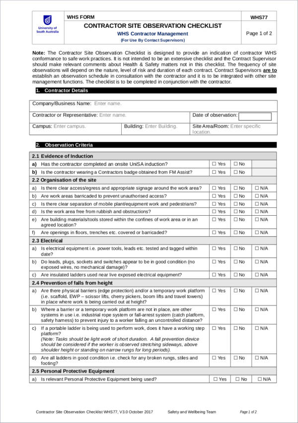 contractor site observation checklist sample