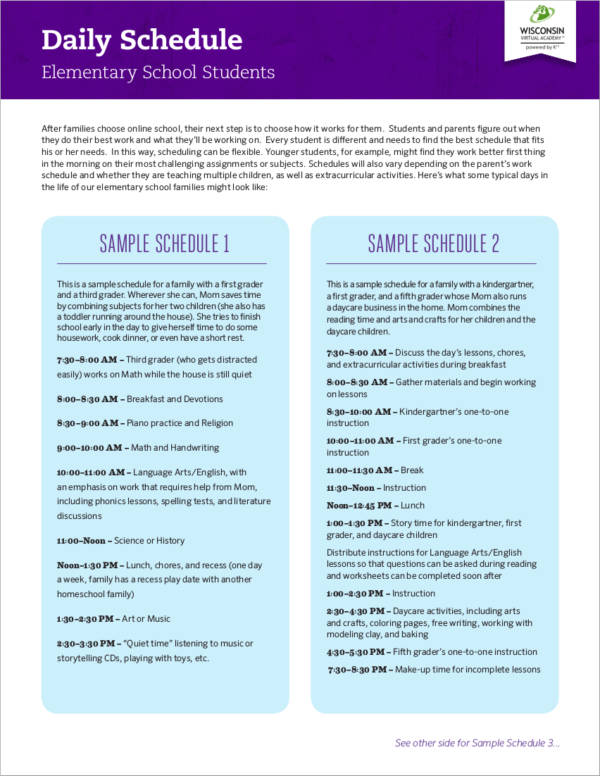 daily activity schedule sample for elementary