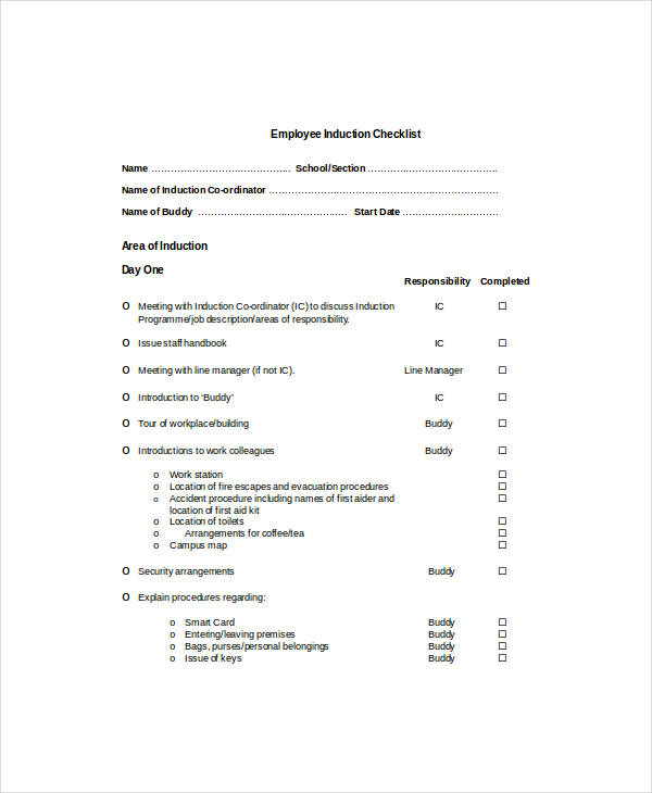 employee induction checklist sample