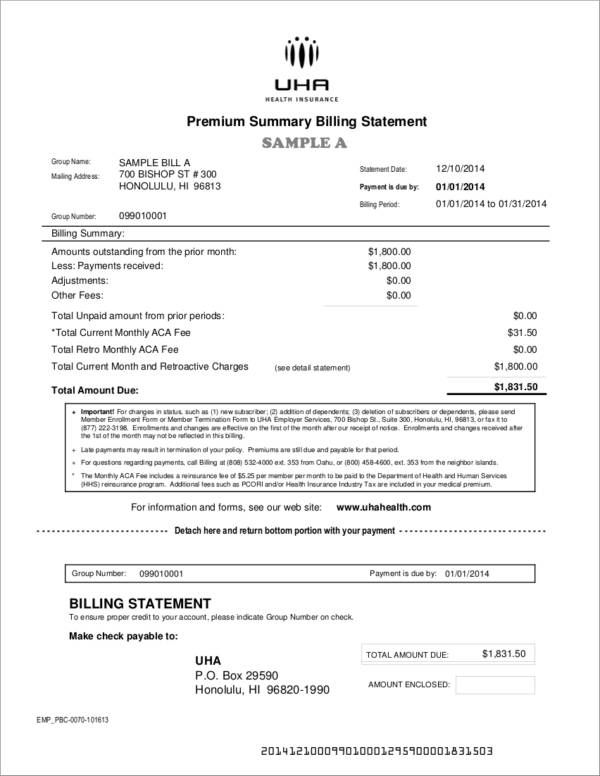health insurance billing statemet sample