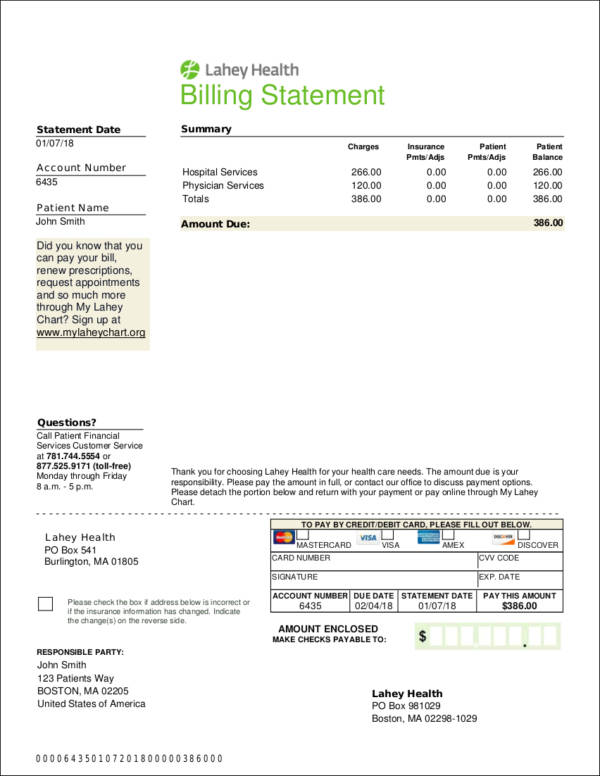 healthcare billing statement sample