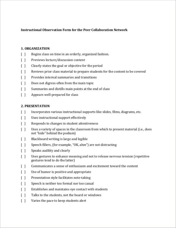 instructional observation checklist sample