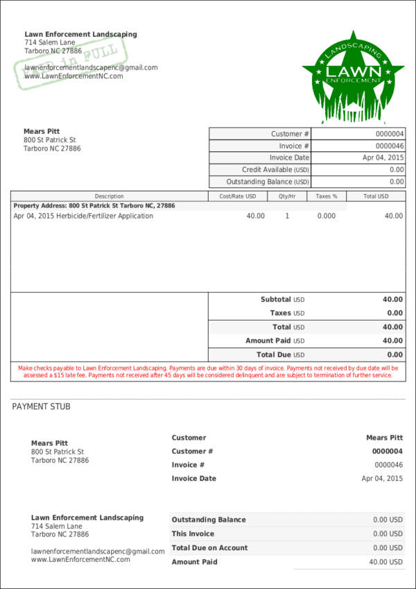 FREE 9+ Lawn Care Invoice Samples & Templates in PDF Excel MS Word