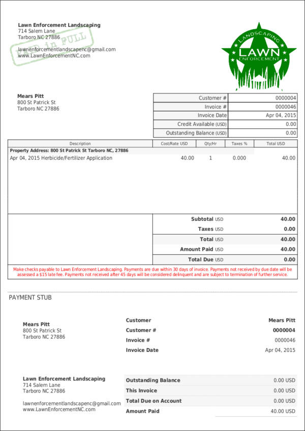 lawn maintenance service invoice sample