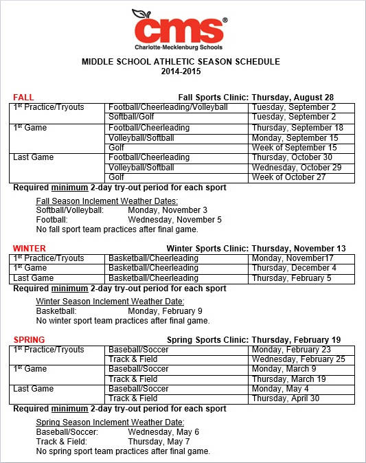 middle school game schedule sample