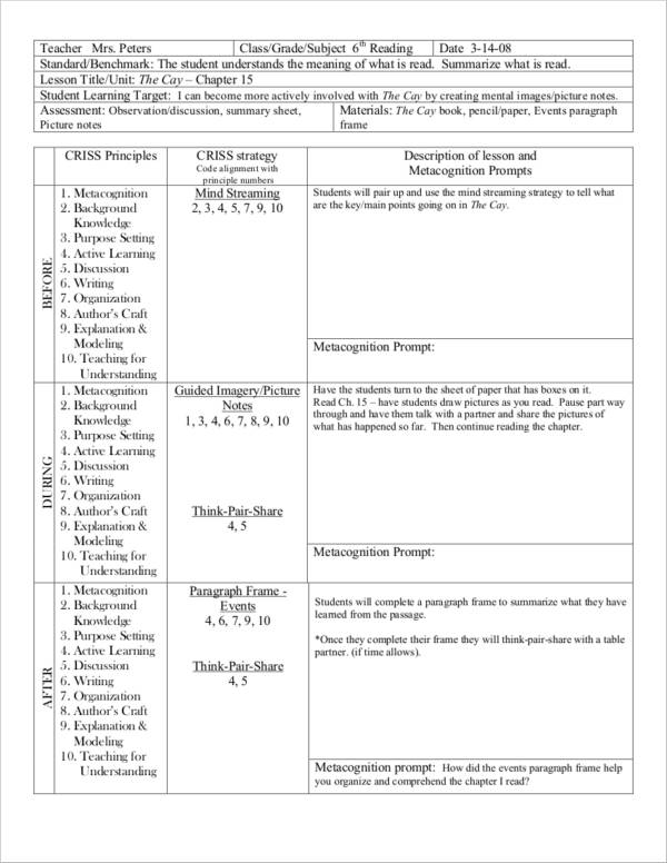 middle school lesson plan sample
