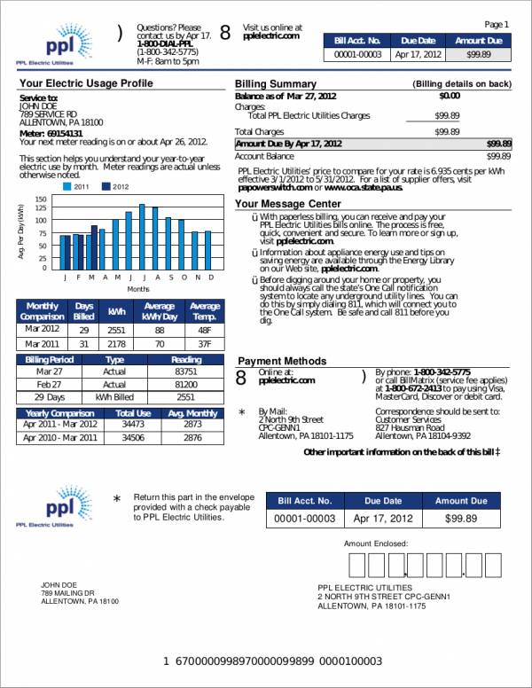 monthly electricity billing statement sample