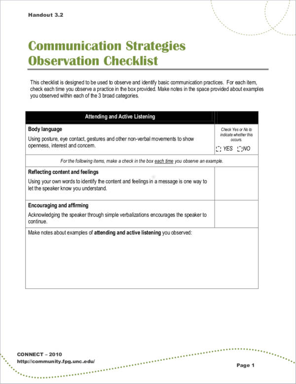 observation checklist sample for communication strategies