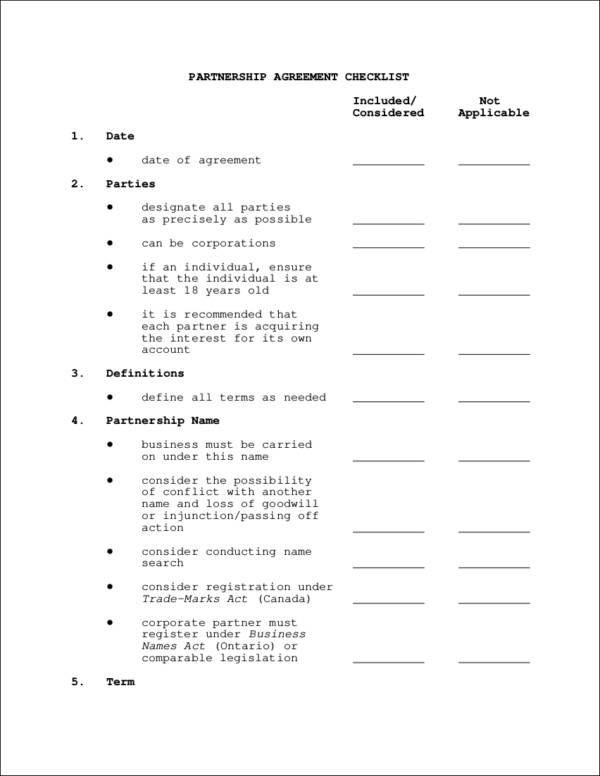 partnership agreement checklist sample outline