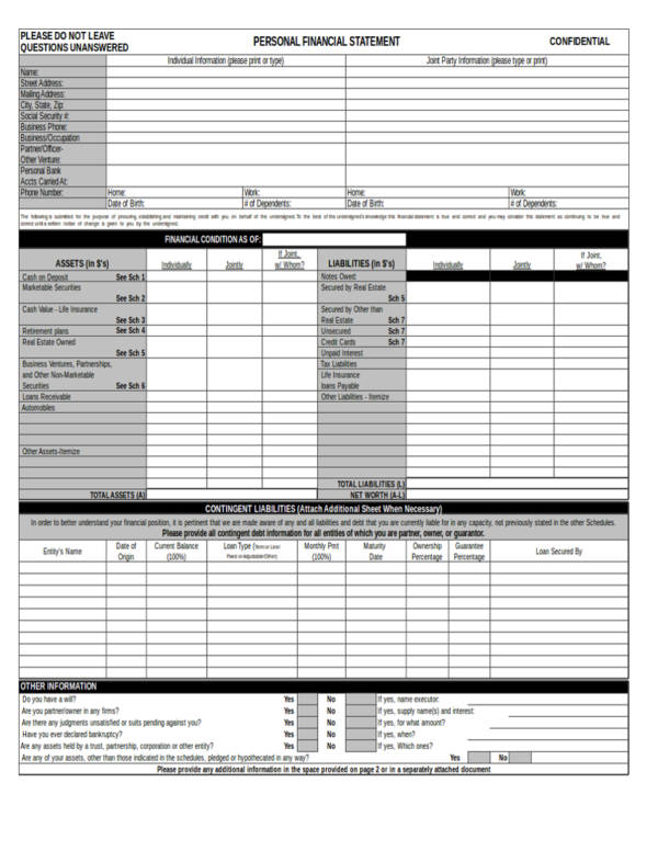 FREE 12+ Personal Financial Statement Samples & Templates in PDF | Excel